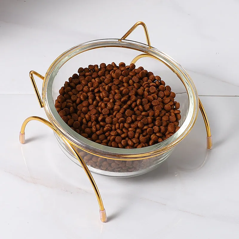 Glass cat bowl with iron rack, double and single options for cats and small dogs