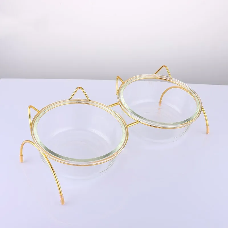 Glass cat bowl with iron rack, double and single options for cats and small dogs