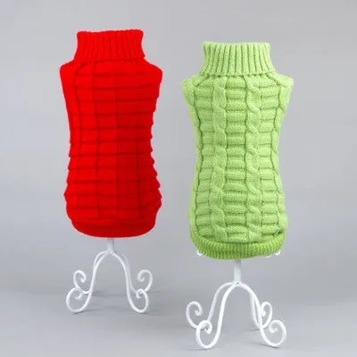 Solid colour acrylic dog sweater in red on small dog with knit fabric