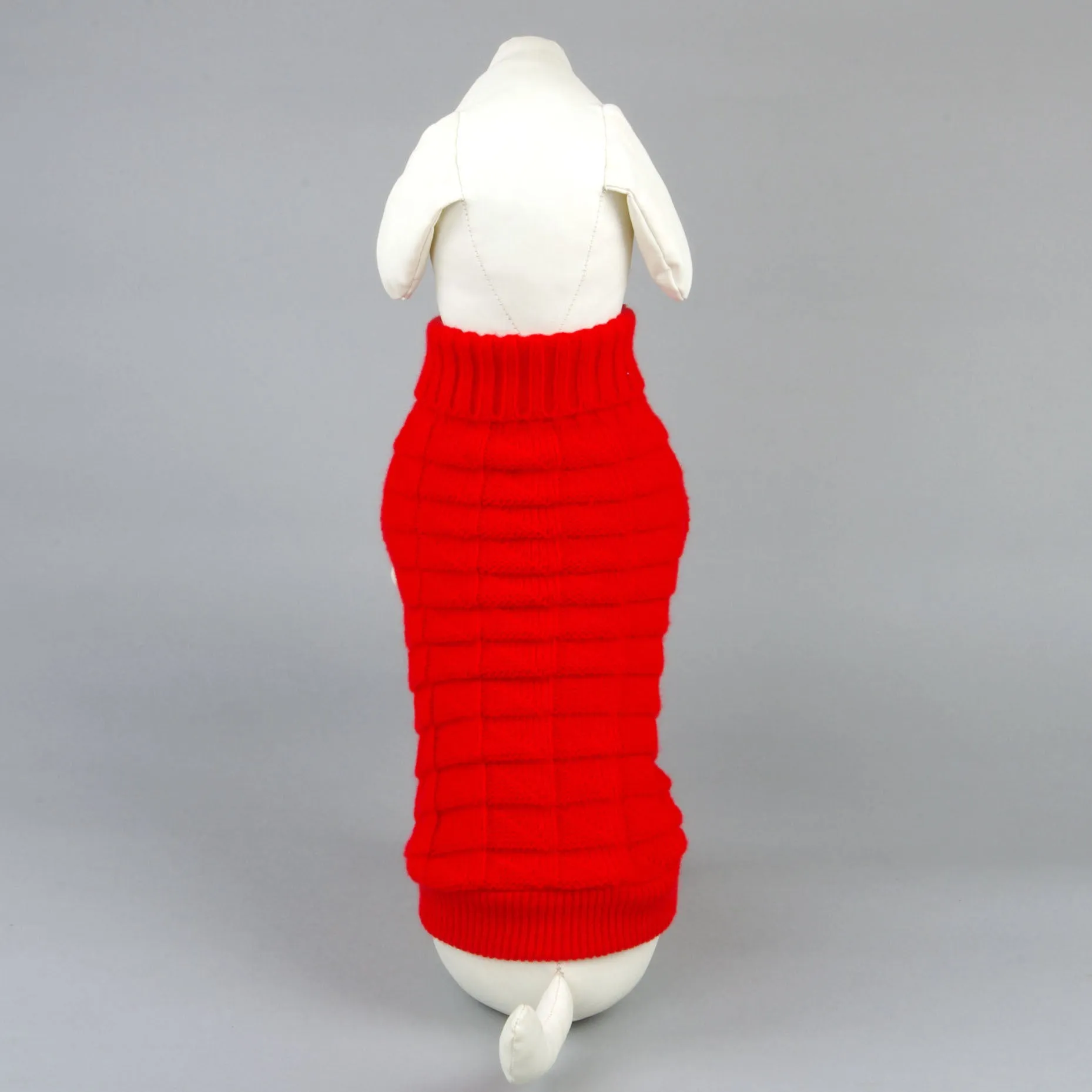 Solid colour acrylic dog sweater in red on small dog with knit fabric