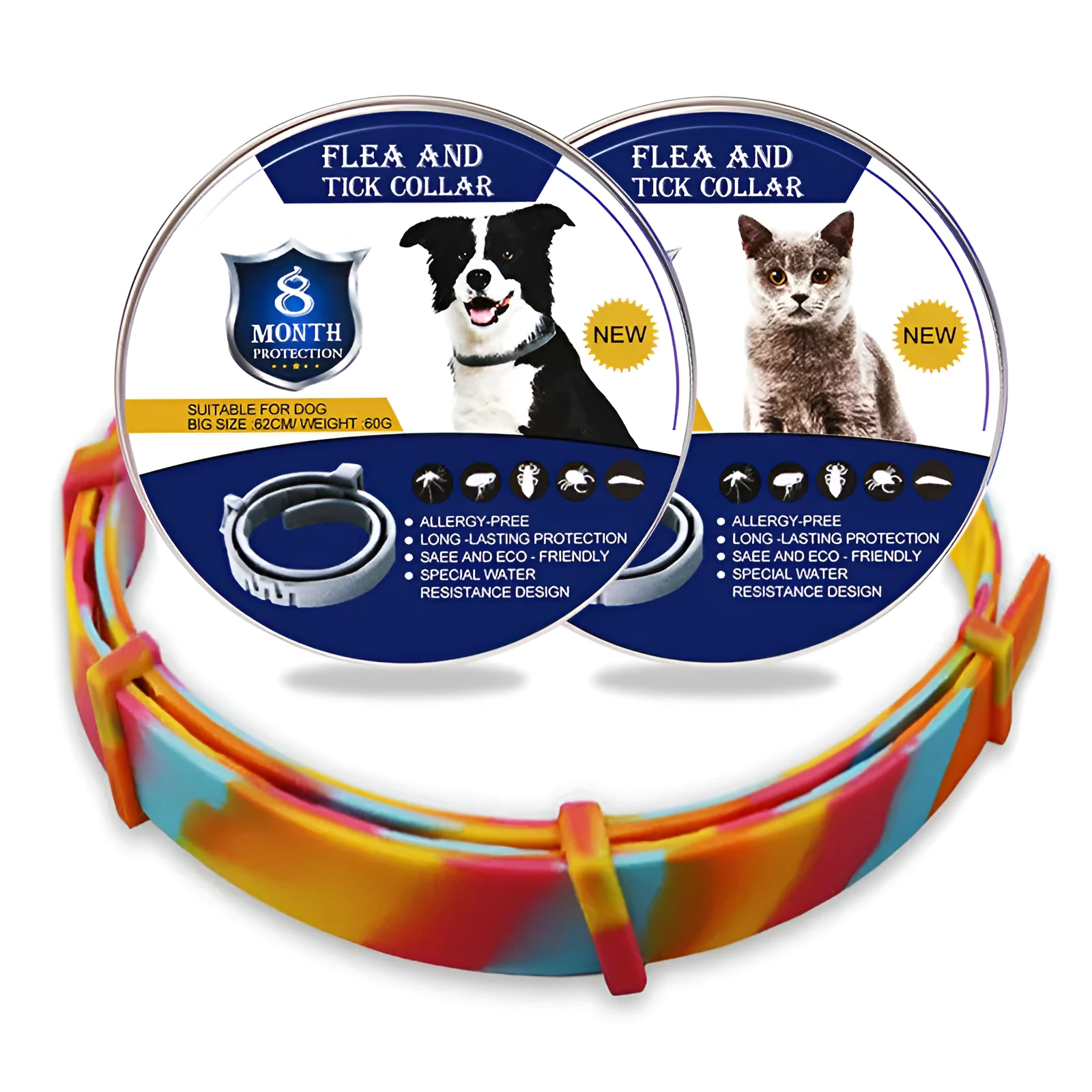 Rainbow plastic flea preventing collar for cats and dogs in 38cm and 62cm sizes