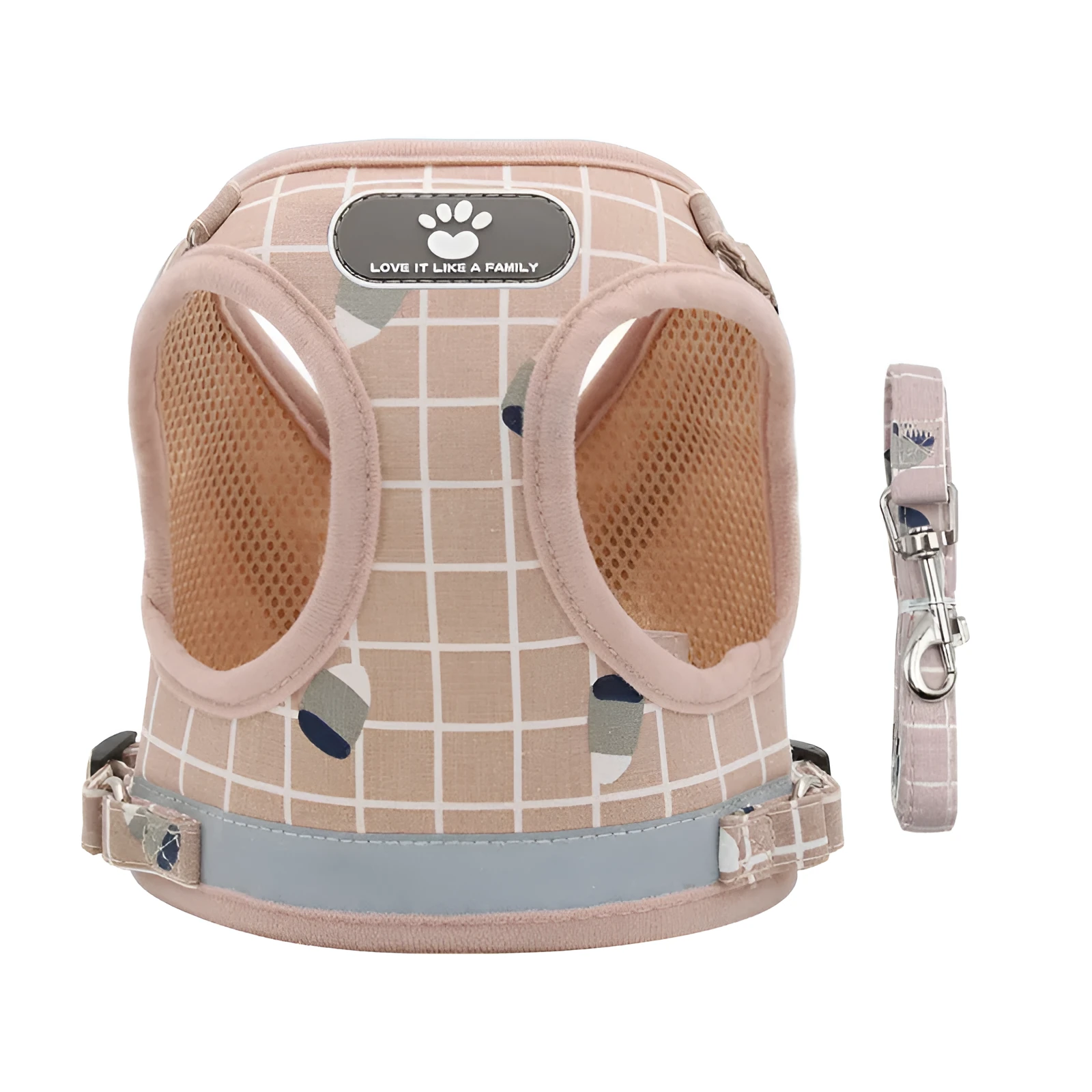 Small dog harness vest in breathable polyester mesh with adjustable chest strap, available in grey, red, yellow and sizes XS to XL