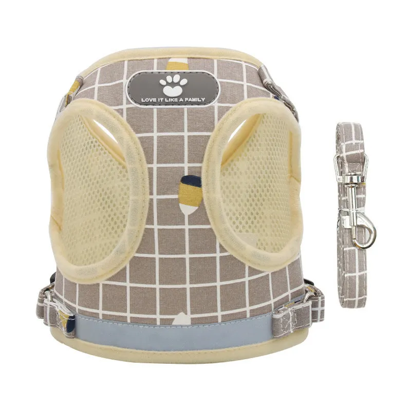 Small dog harness vest in breathable polyester mesh with adjustable chest strap, available in grey, red, yellow and sizes XS to XL