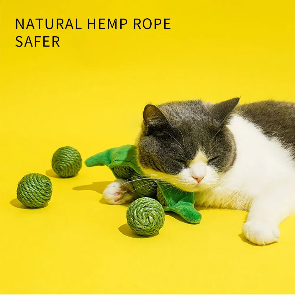 Three green sisal rope cat toy balls with rustling soundstone next to pea pod storage bag