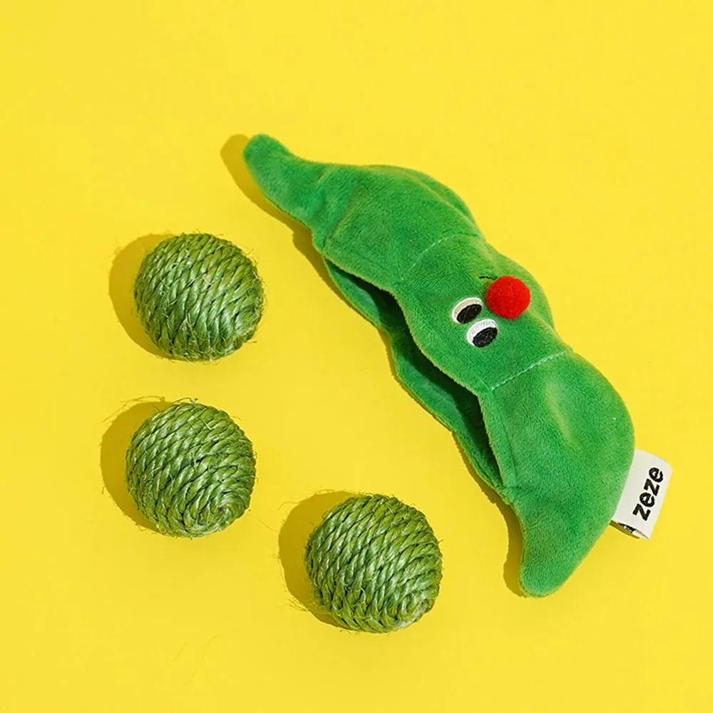 Three green sisal rope cat toy balls with rustling soundstone next to pea pod storage bag