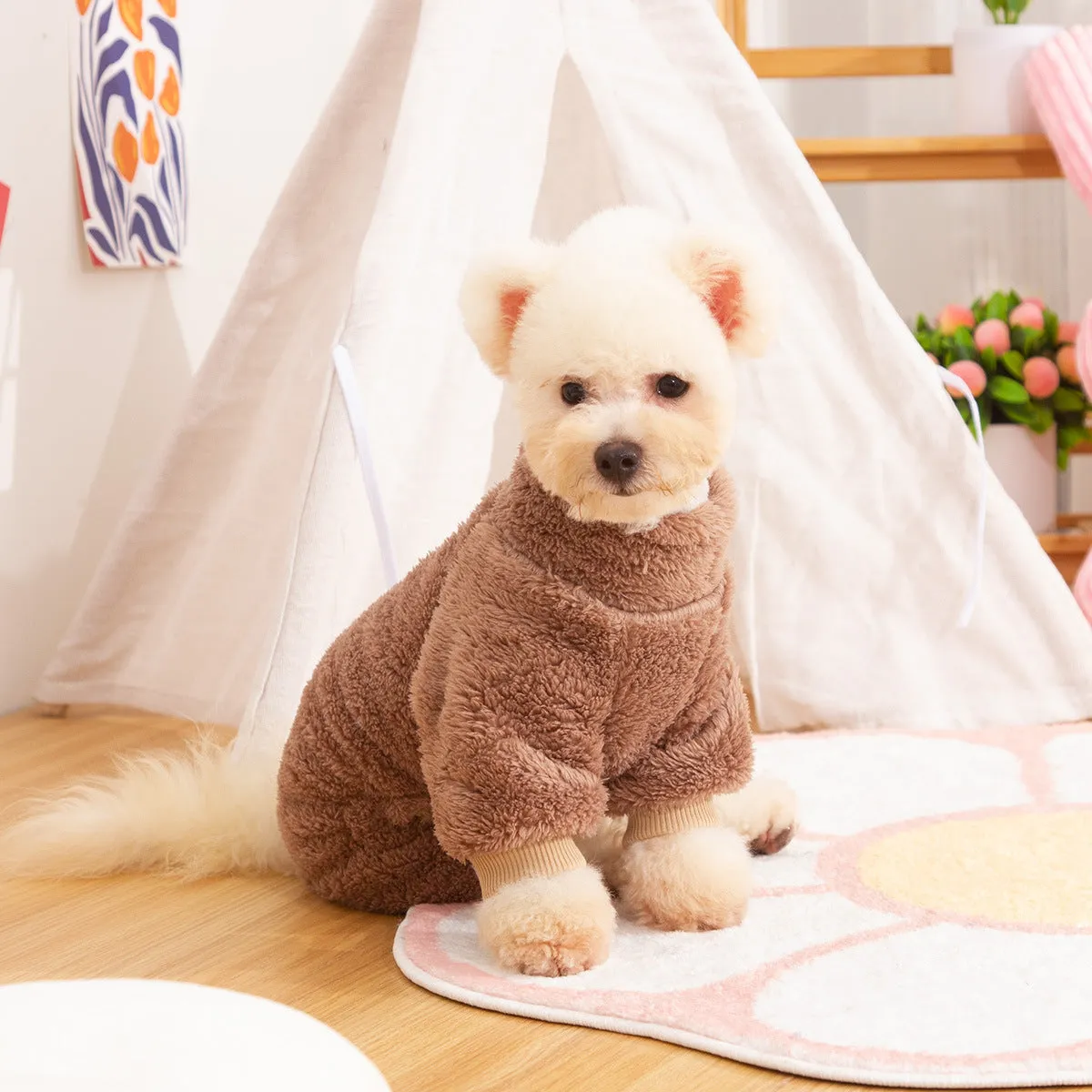 Double-sided thick plush dog clothing with high collar and towing ring in blue, khaki, and pink colours