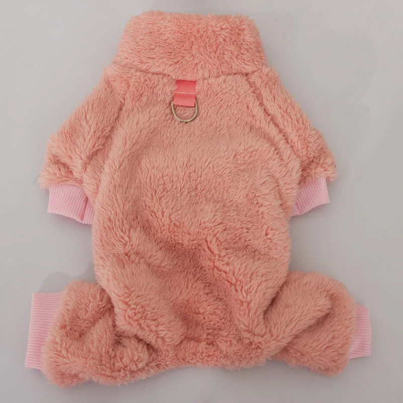 Double-sided thick plush dog clothing with high collar and towing ring in blue, khaki, and pink colours