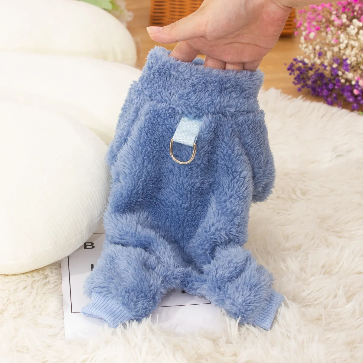 Double-sided thick plush dog clothing with high collar and towing ring in blue, khaki, and pink colours