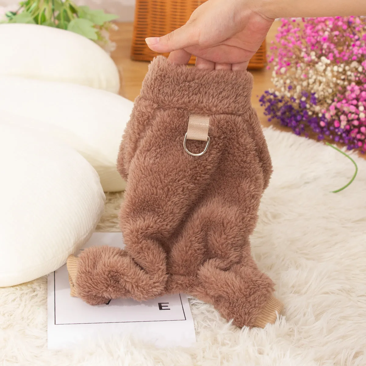 Double-sided thick plush dog clothing with high collar and towing ring in blue, khaki, and pink colours