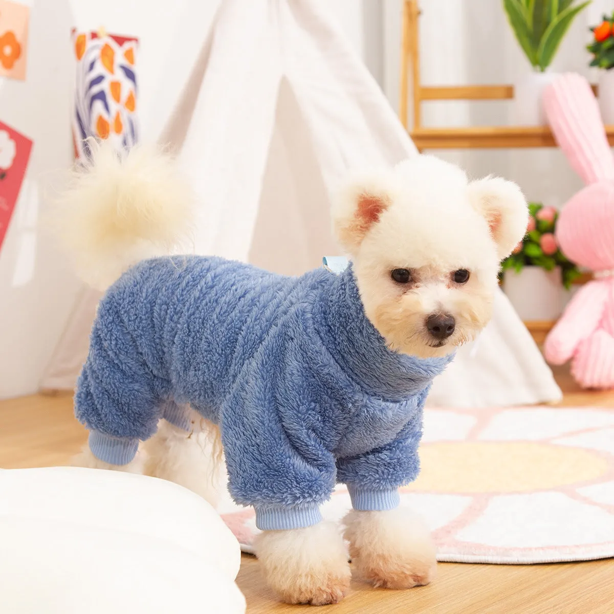 Double-sided thick plush dog clothing with high collar and towing ring in blue, khaki, and pink colours