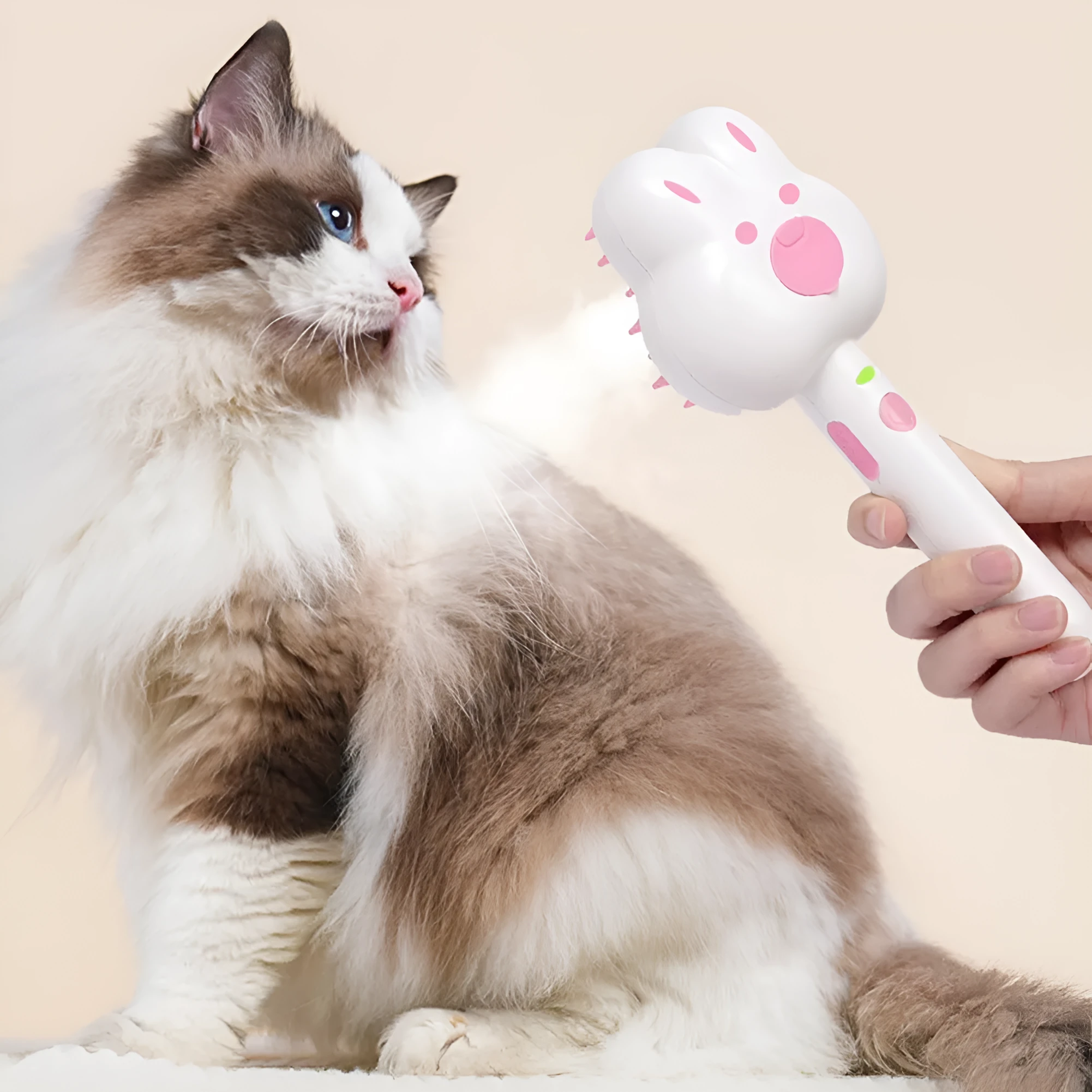 Rechargeable cat steam brush grooming tool in green colour with long handle