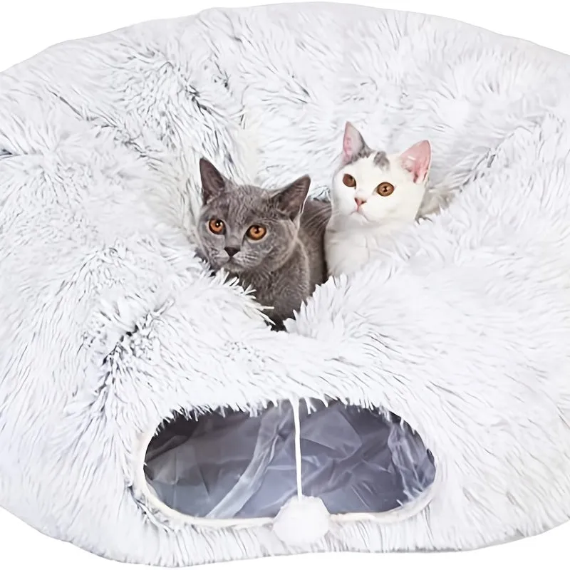 Round plush winter cat nest with attached tunnel in gray colour, foldable pet bed for indoor cats