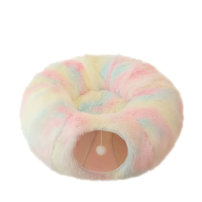 Round plush winter cat nest with attached tunnel in gray colour, foldable pet bed for indoor cats