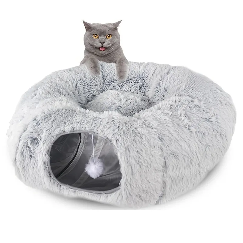 Round plush winter cat nest with attached tunnel in gray colour, foldable pet bed for indoor cats