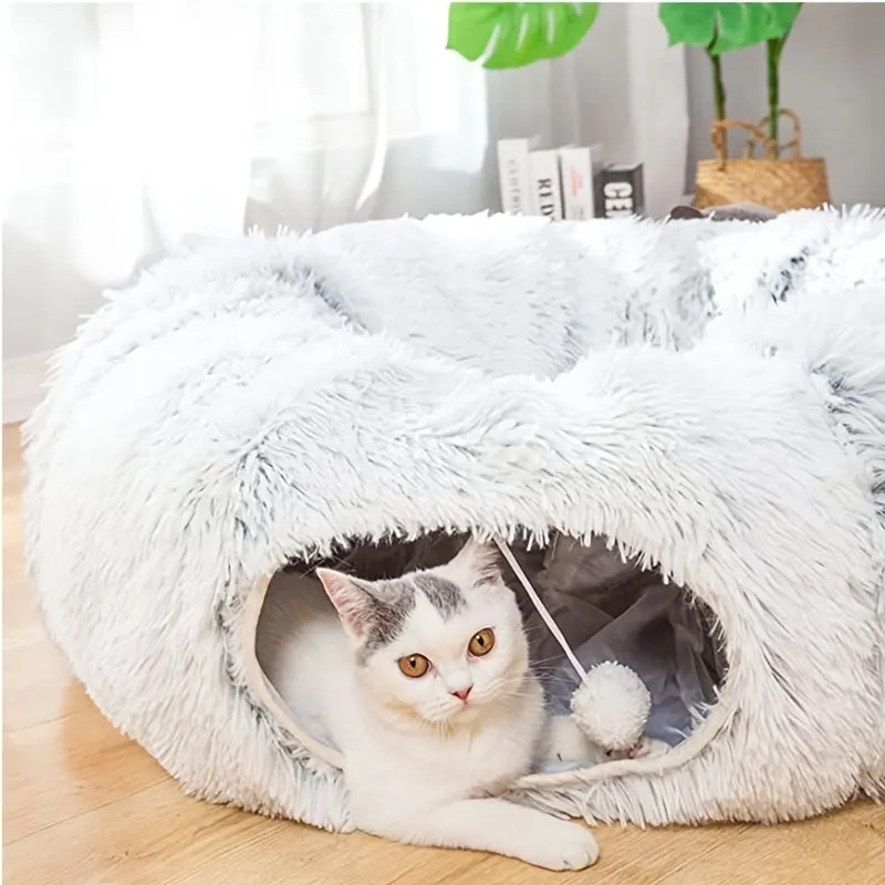 Round plush winter cat nest with attached tunnel in gray colour, foldable pet bed for indoor cats