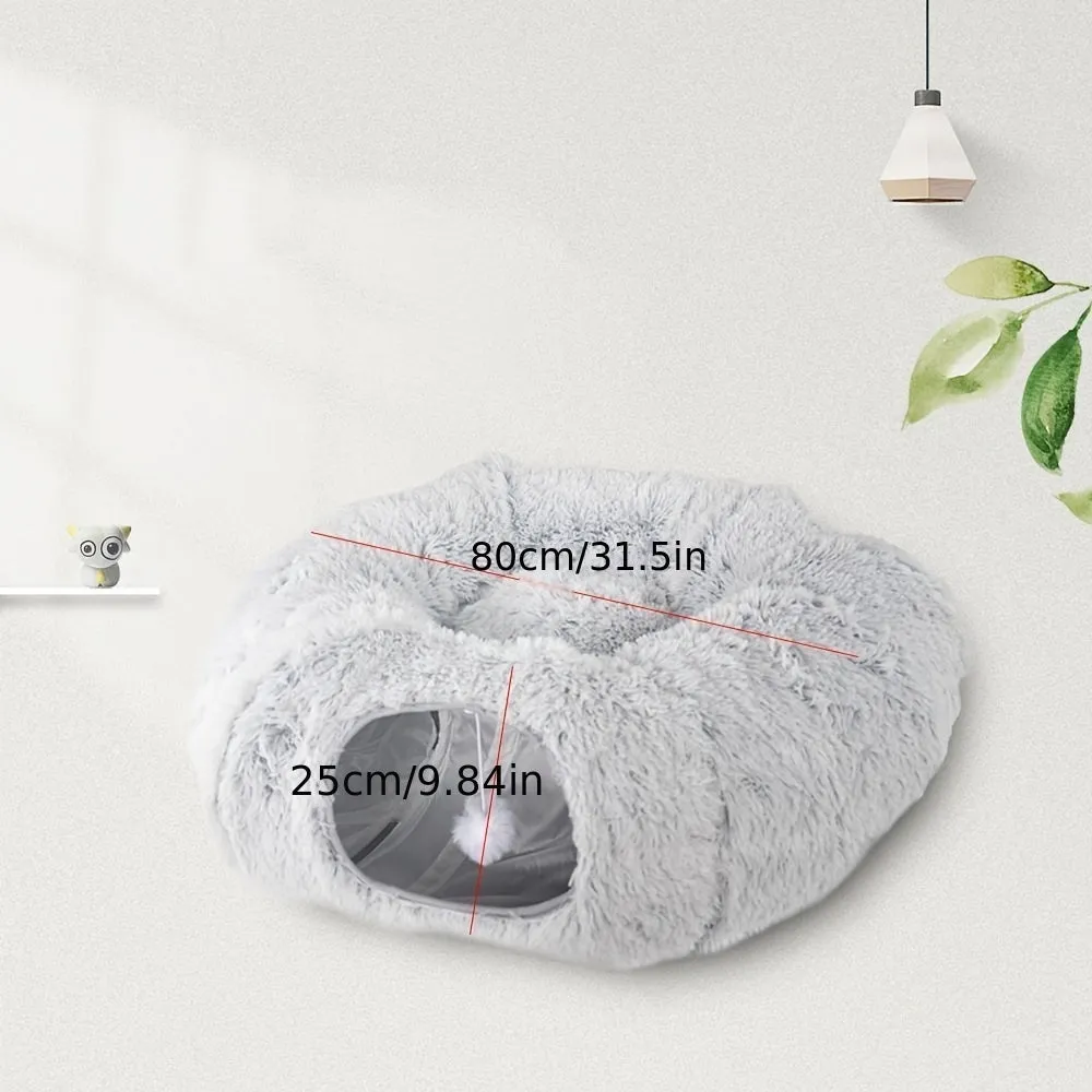 Round plush winter cat nest with attached tunnel in gray colour, foldable pet bed for indoor cats