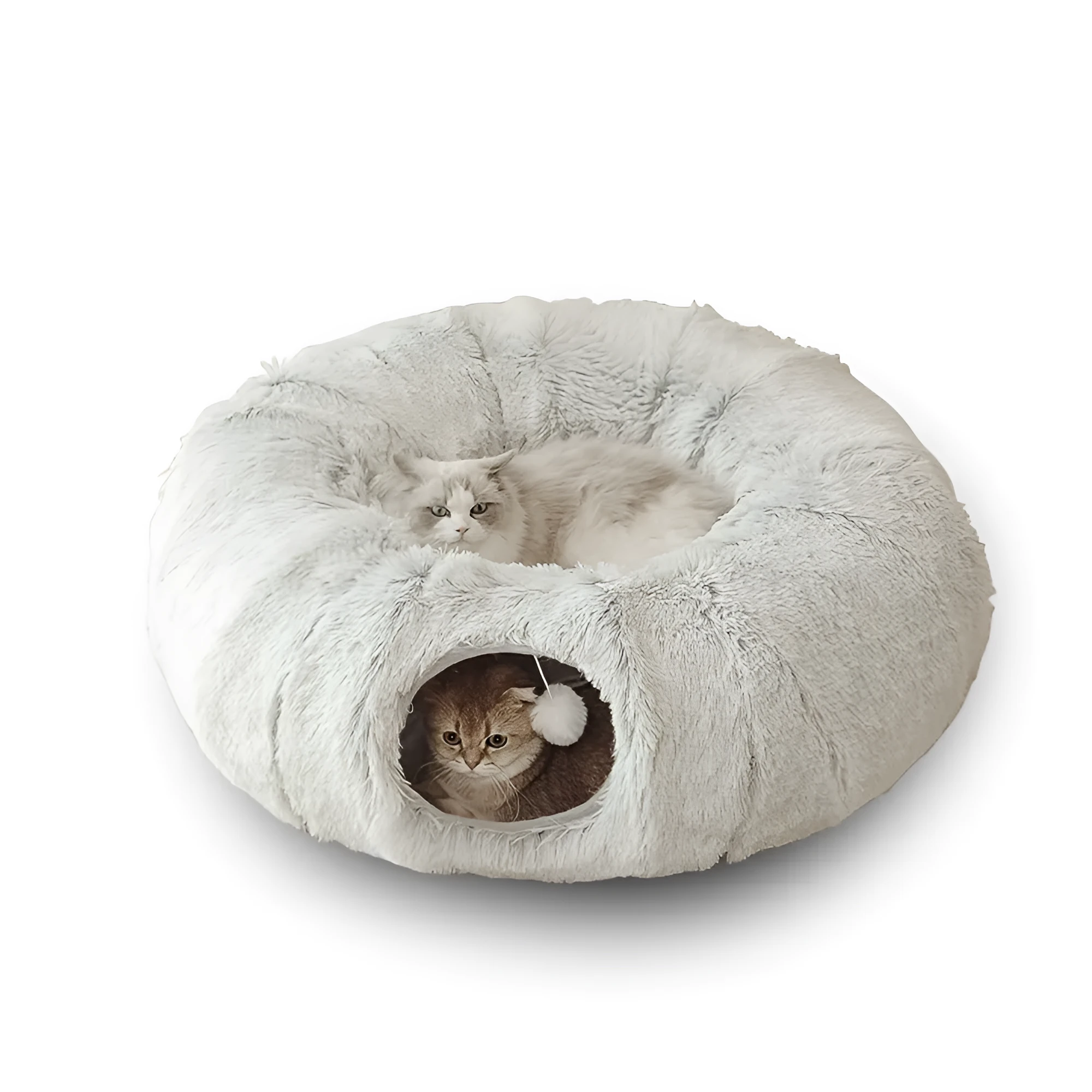 Round plush winter cat nest with attached tunnel in gray colour, foldable pet bed for indoor cats