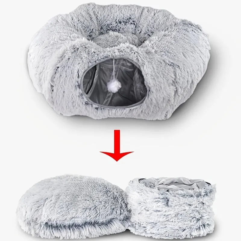 Round plush winter cat nest with attached tunnel in gray colour, foldable pet bed for indoor cats