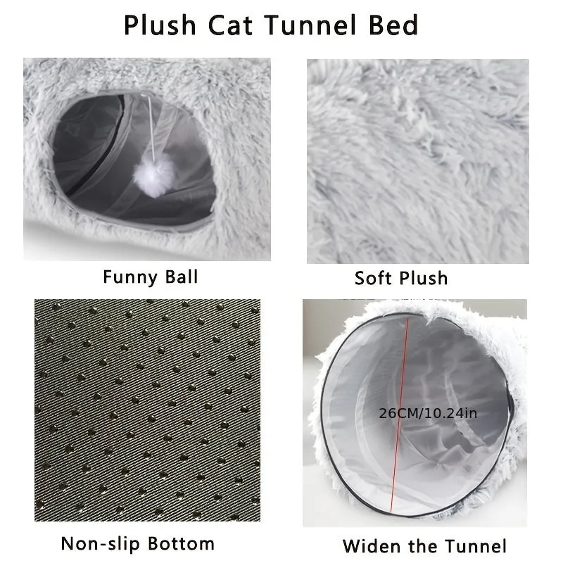 Round plush winter cat nest with attached tunnel in gray colour, foldable pet bed for indoor cats