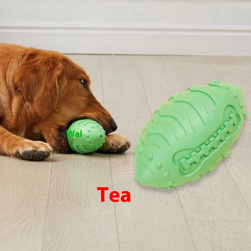 Light green bite-resistant rubber rugby ball dog toy with textured surface for teeth cleaning
