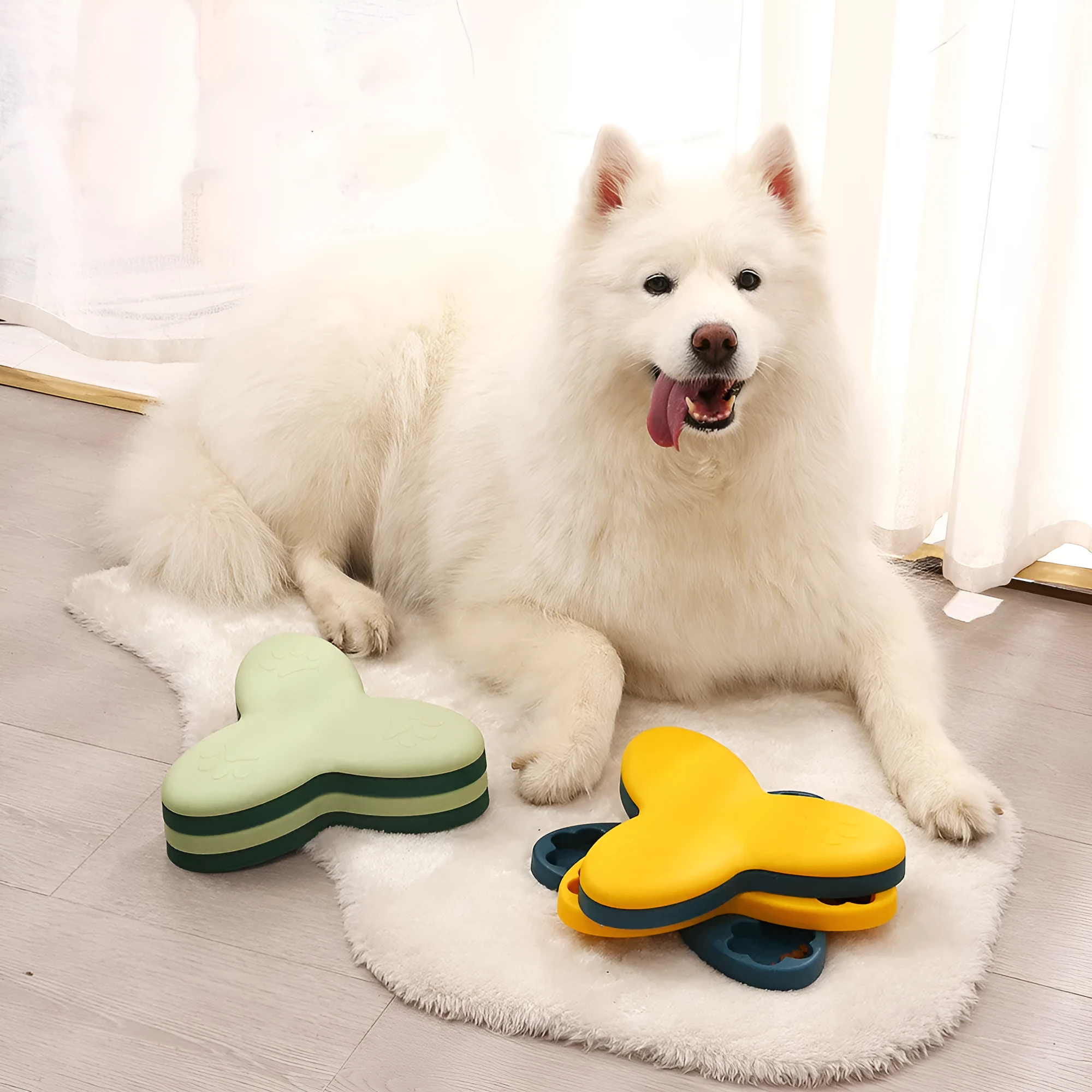 Green spinning dog slow food toy with plastic carousel on a light background – 24.5cm feeding puzzle