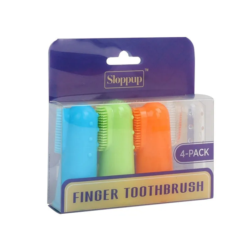 Boxed set of 4 pet finger toothbrushes in pink and blue TPR material on white background