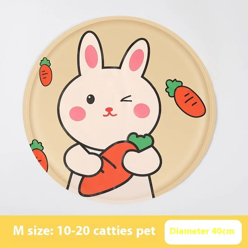 Round pet cooling mat with cartoon animal design for dogs in beige bunny pattern