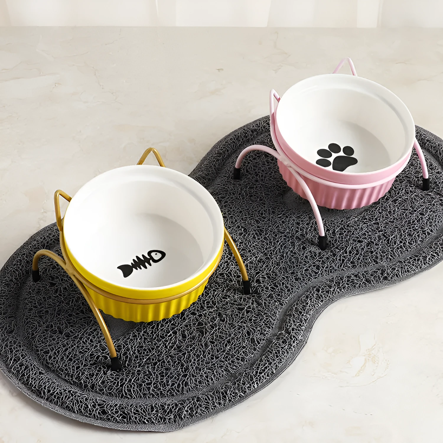 Raised ceramic cat food bowl with white fish bone pattern – protects pet cervical spine during feeding