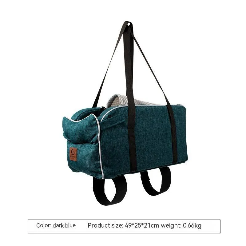 Breathable cloth car central control pet bag with blue ribbon and mesh strap, designed for travel use