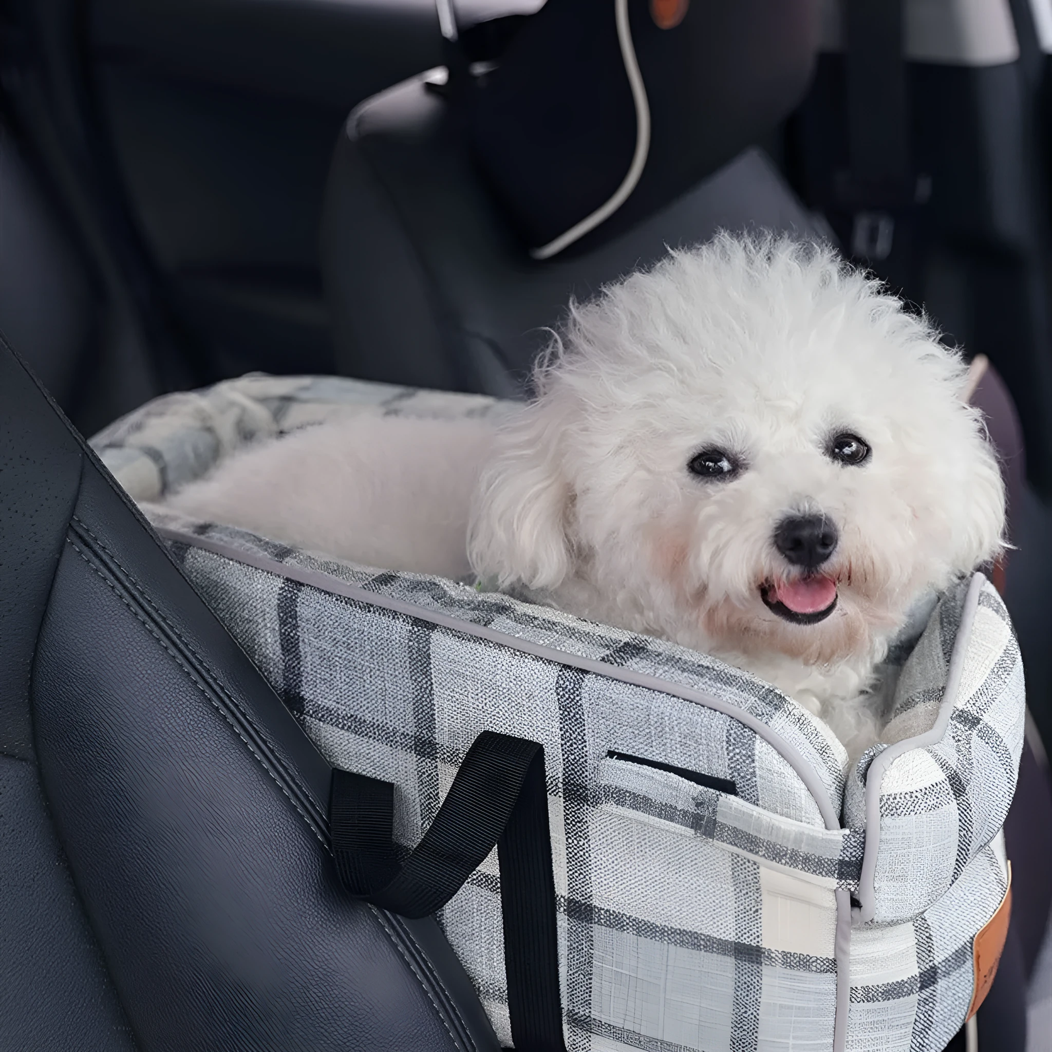 Breathable cloth car central control pet bag with blue ribbon and mesh strap, designed for travel use