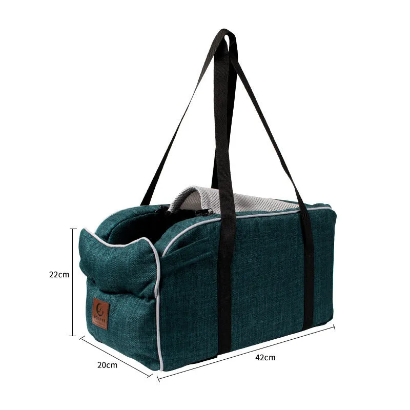 Breathable cloth car central control pet bag with blue ribbon and mesh strap, designed for travel use