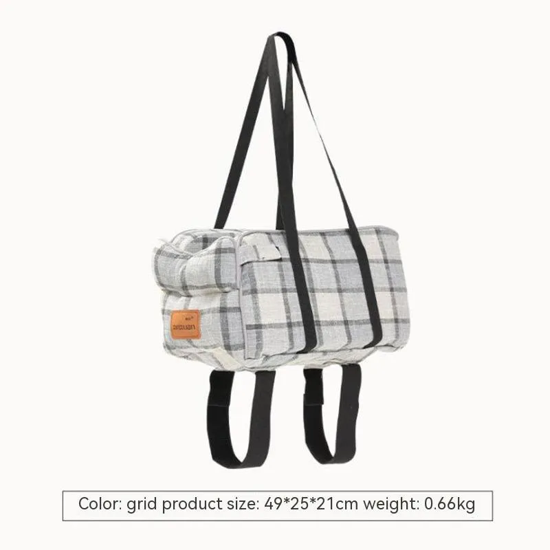 Breathable cloth car central control pet bag with blue ribbon and mesh strap, designed for travel use