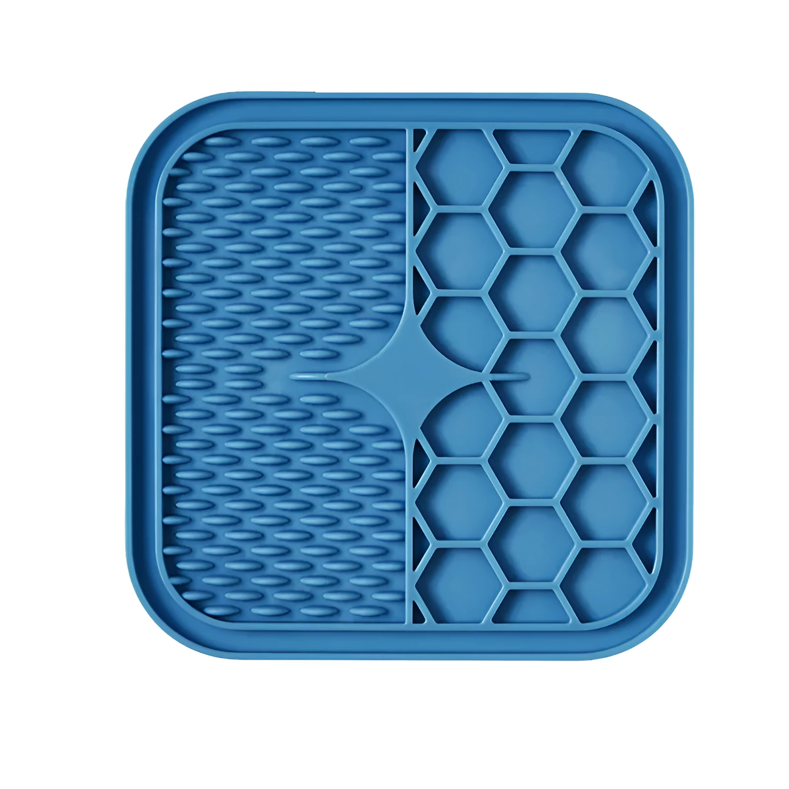 Silicone pet slow feeder licking pad in blue and orange with textured surface and scraper
