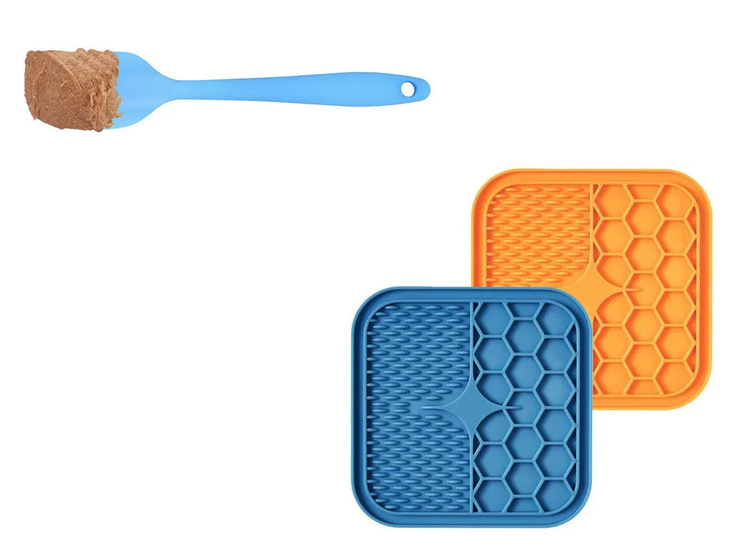Silicone pet slow feeder licking pad in blue and orange with textured surface and scraper