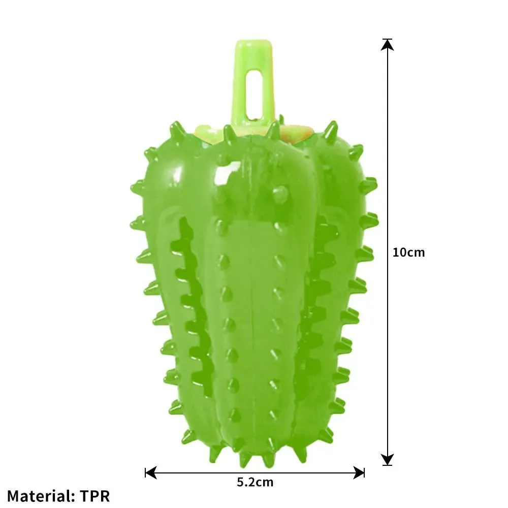 Interactive dog teething chili chewers toy in green, red, and yellow; non-toxic TPR rubber, 10x5.2cm