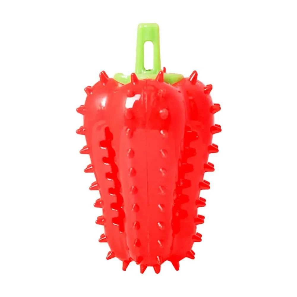 Interactive dog teething chili chewers toy in green, red, and yellow; non-toxic TPR rubber, 10x5.2cm