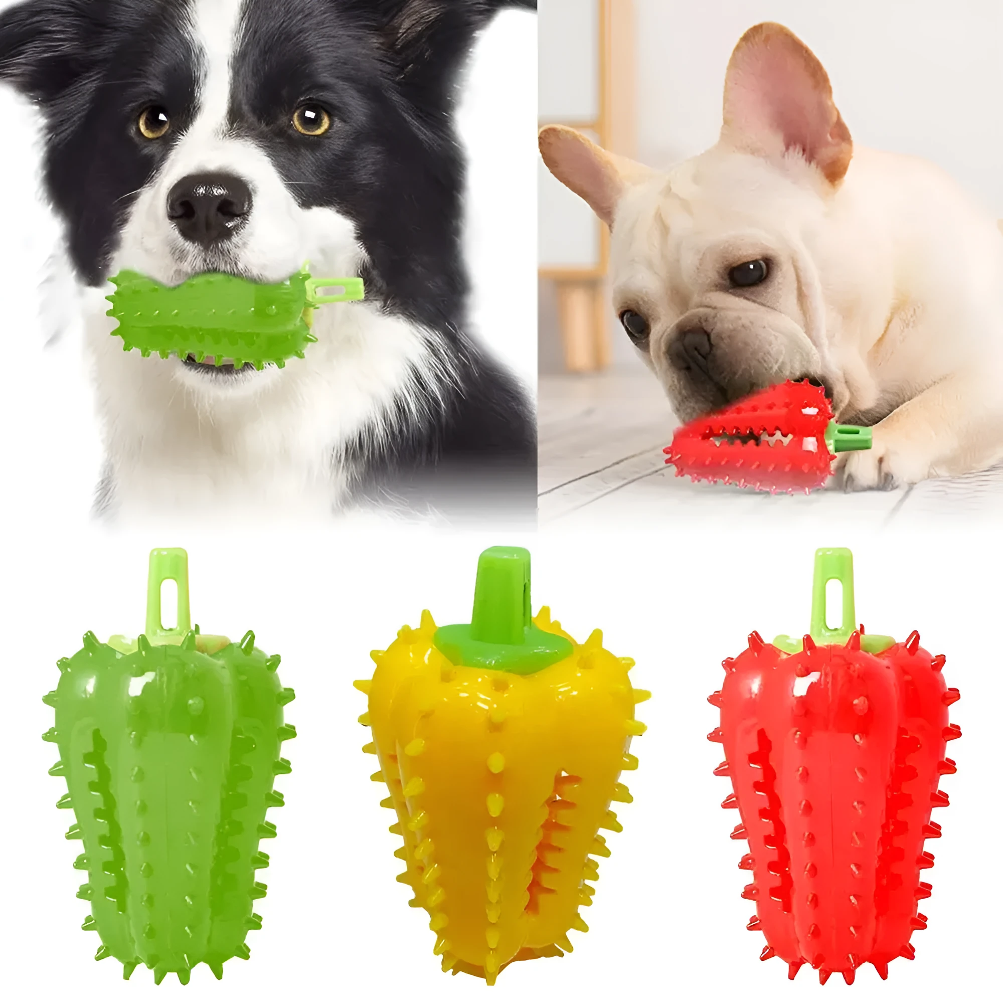 Interactive dog teething chili chewers toy in green, red, and yellow; non-toxic TPR rubber, 10x5.2cm