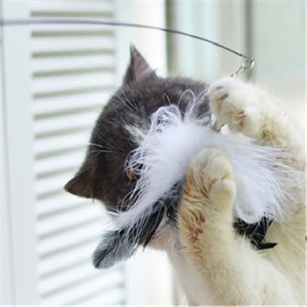 Cat toy funny cat stick with wooden handle, 80cm flexible rod, and black and white fur replacement heads