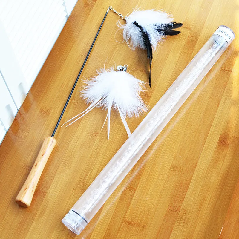 Cat toy funny cat stick with wooden handle, 80cm flexible rod, and black and white fur replacement heads