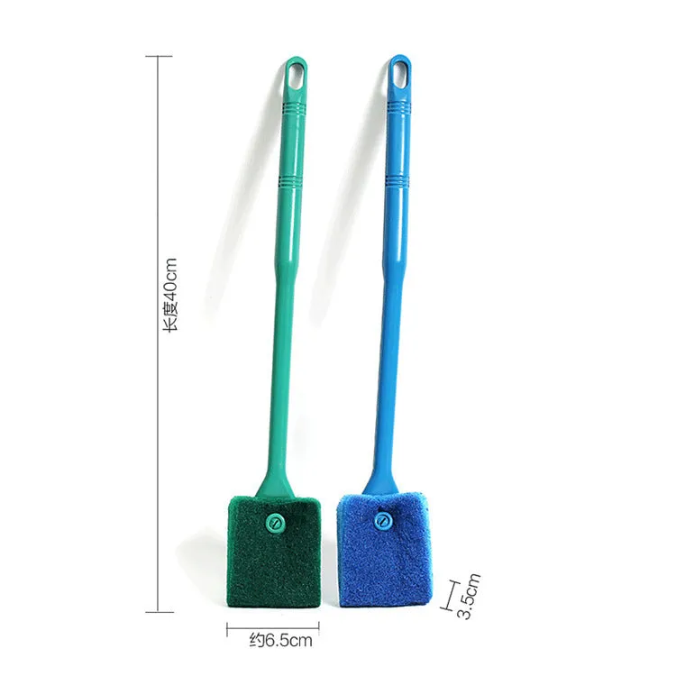 Long handle double-sided aquarium cleaning brush with scraper and scrubber in blue colour
