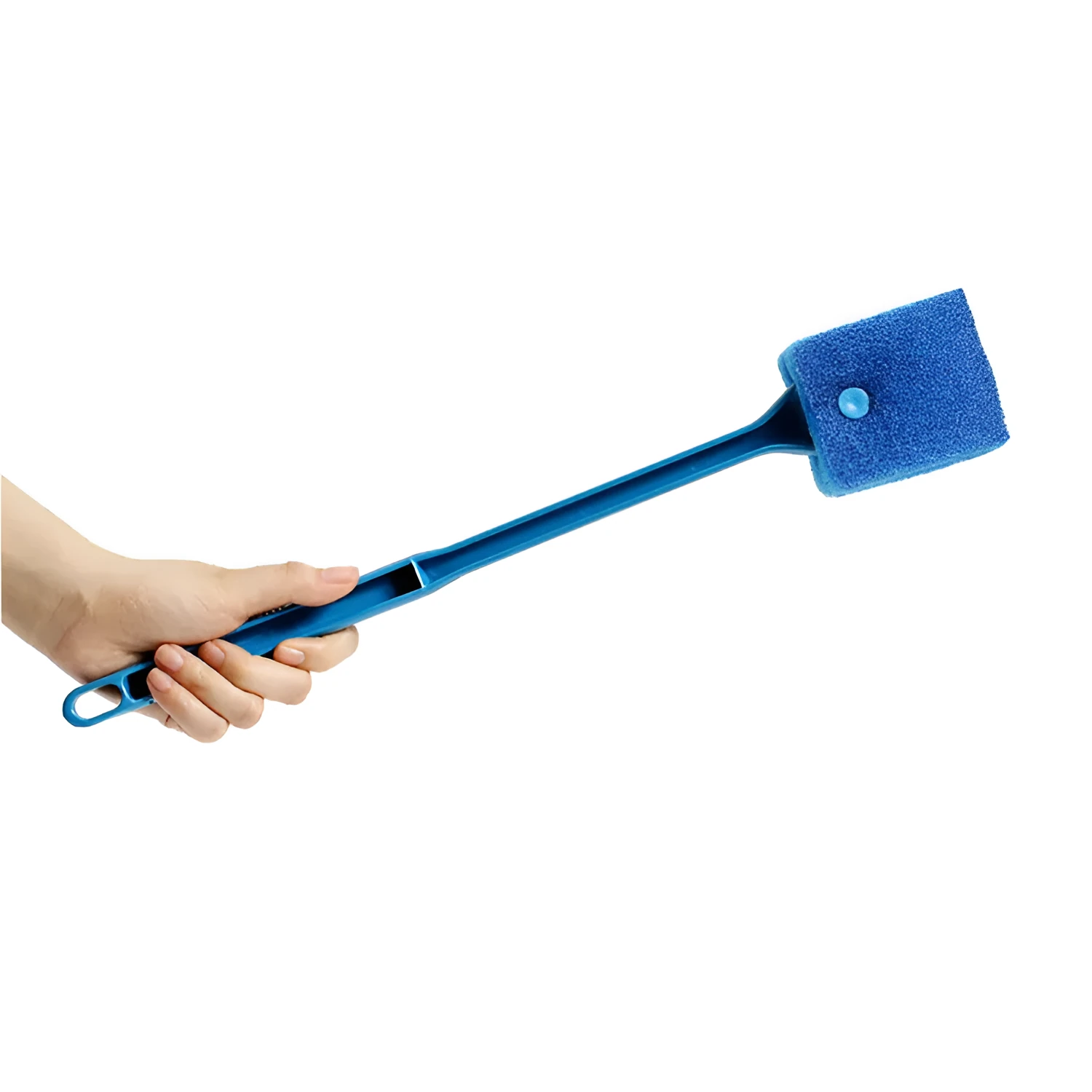 Long handle double-sided aquarium cleaning brush with scraper and scrubber in blue colour