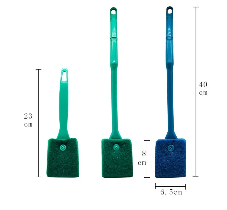 Long handle double-sided aquarium cleaning brush with scraper and scrubber in blue colour