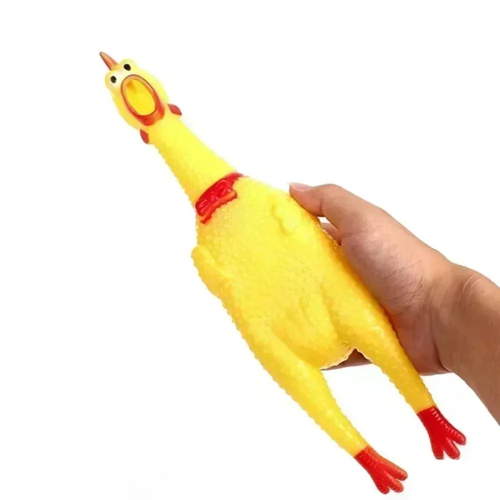 Yellow rubber screaming chicken dog squeak toy in three different sizes