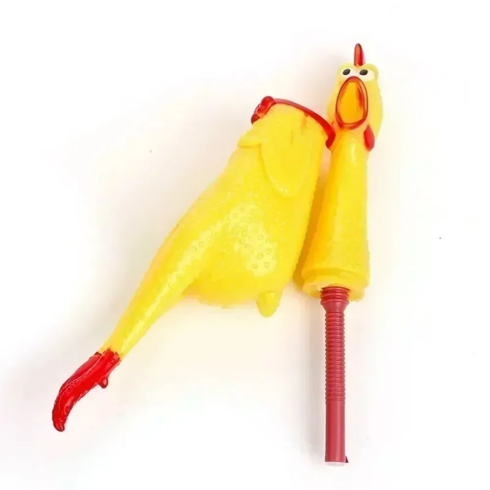 Yellow rubber screaming chicken dog squeak toy in three different sizes