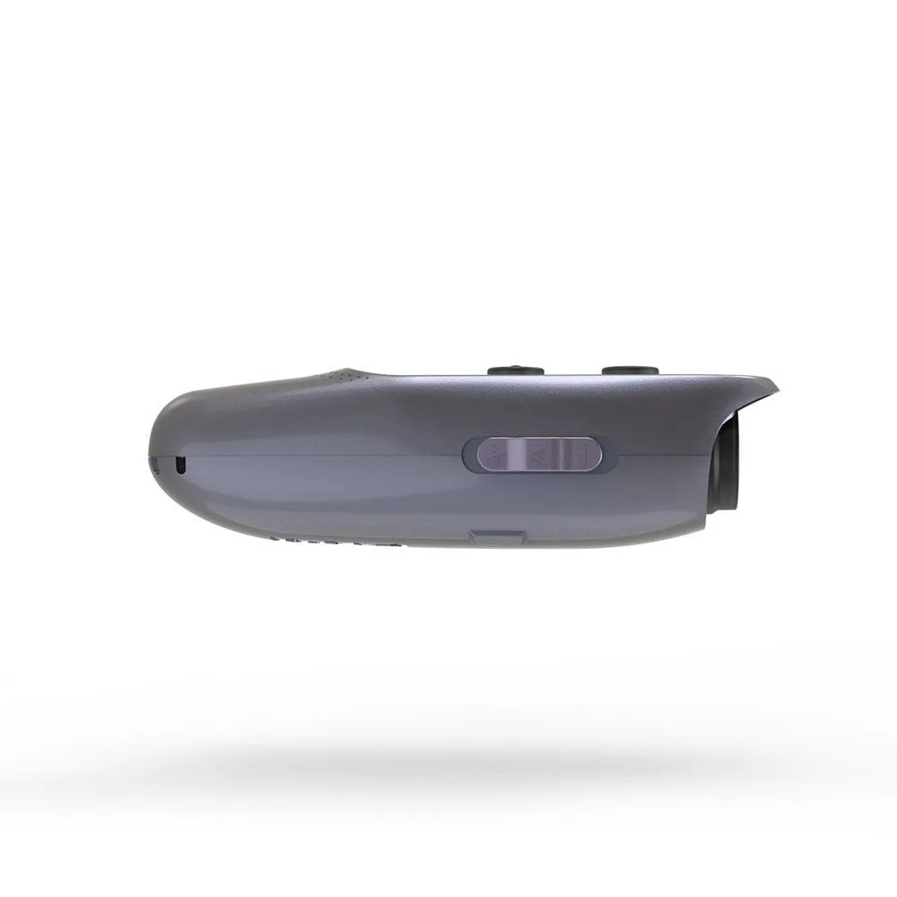 Black handheld ultrasonic dog repeller with hanging string and three mode buttons on a white background