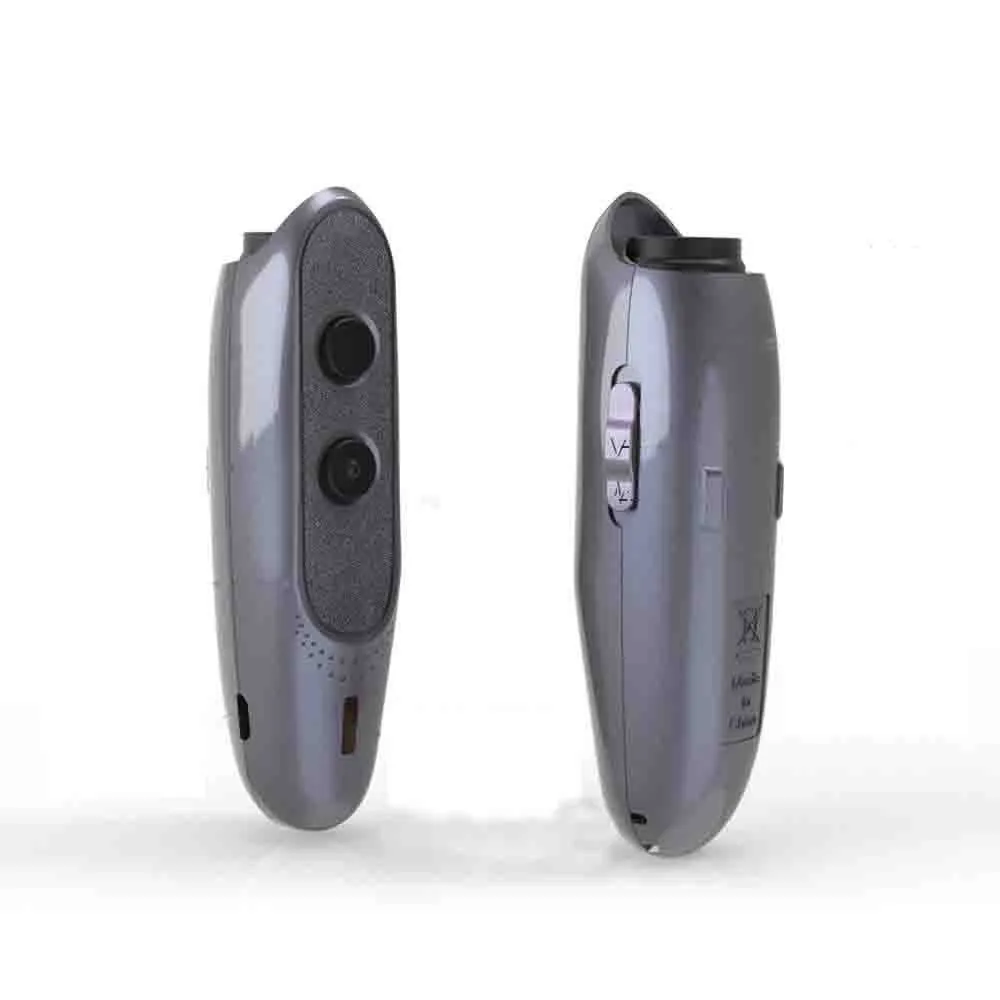 Black handheld ultrasonic dog repeller with hanging string and three mode buttons on a white background