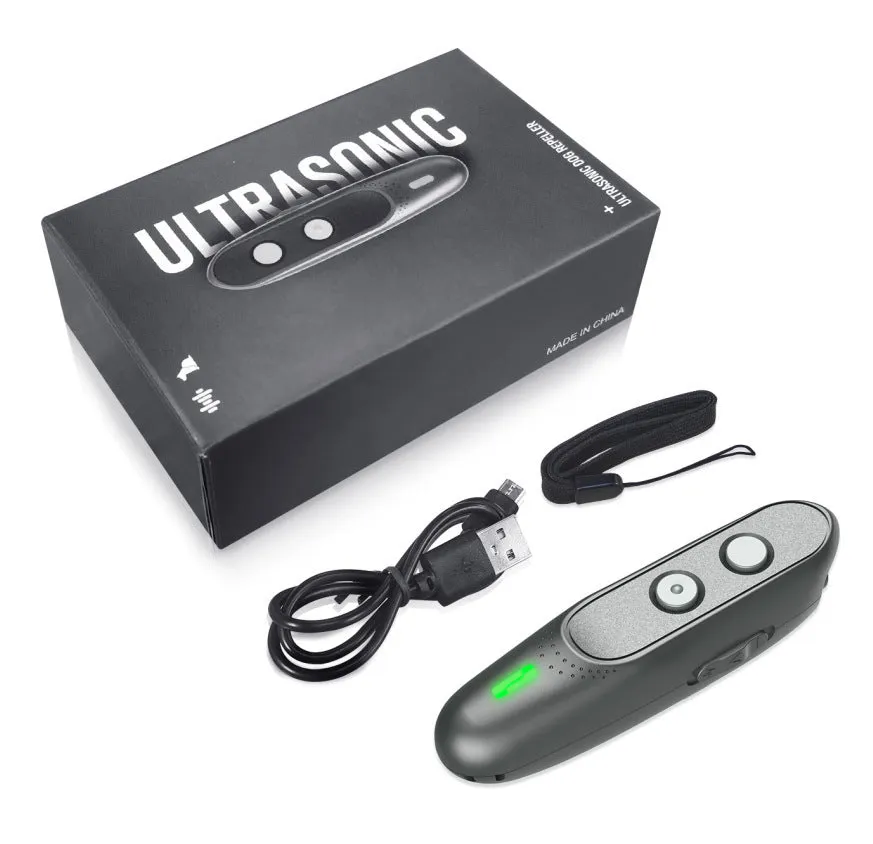 Black handheld ultrasonic dog repeller with hanging string and three mode buttons on a white background