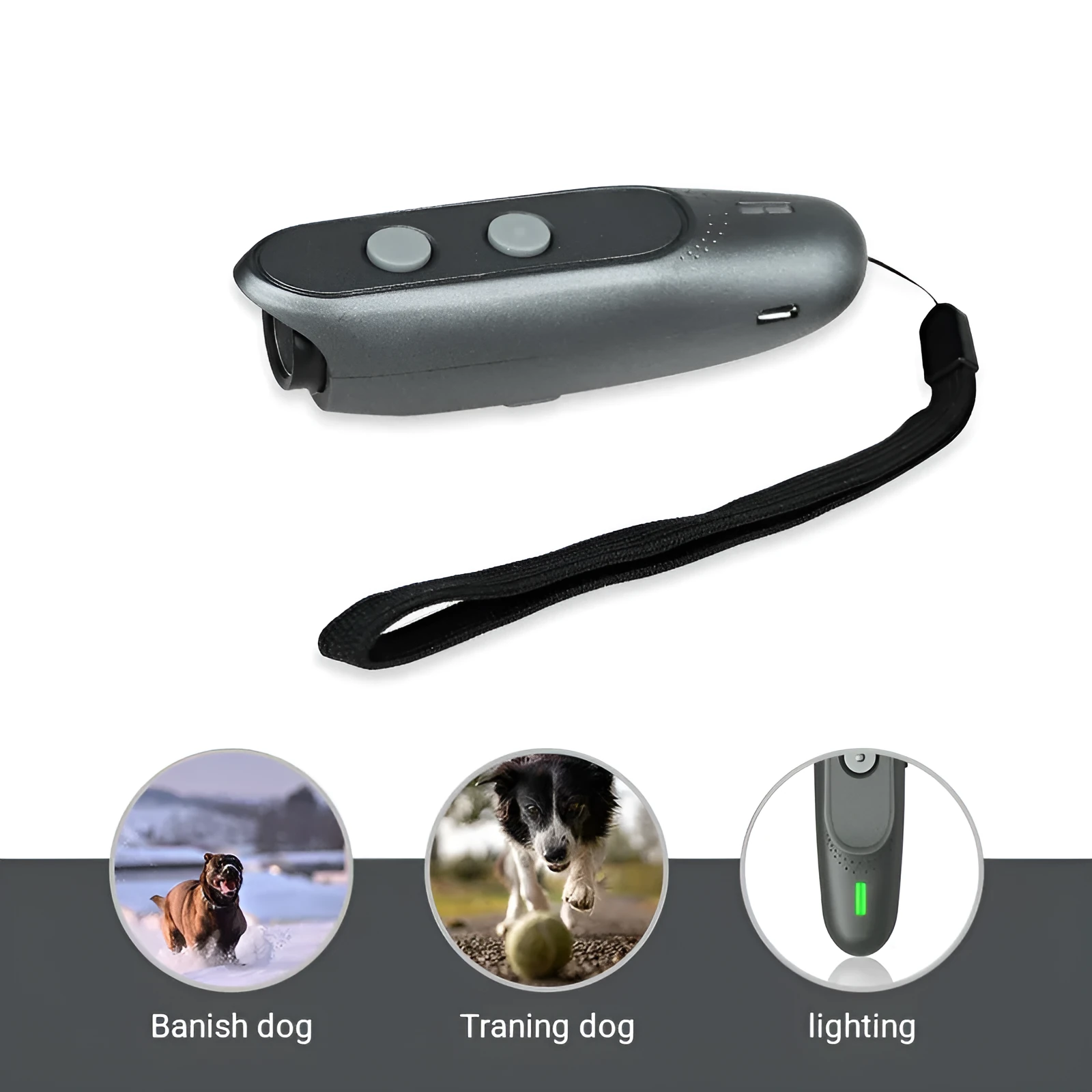 Black handheld ultrasonic dog repeller with hanging string and three mode buttons on a white background