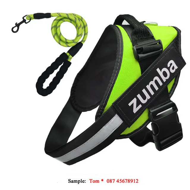 Reflective adjustable nylon dog harness and leash set in six sizes XS to XXL, seven colours available