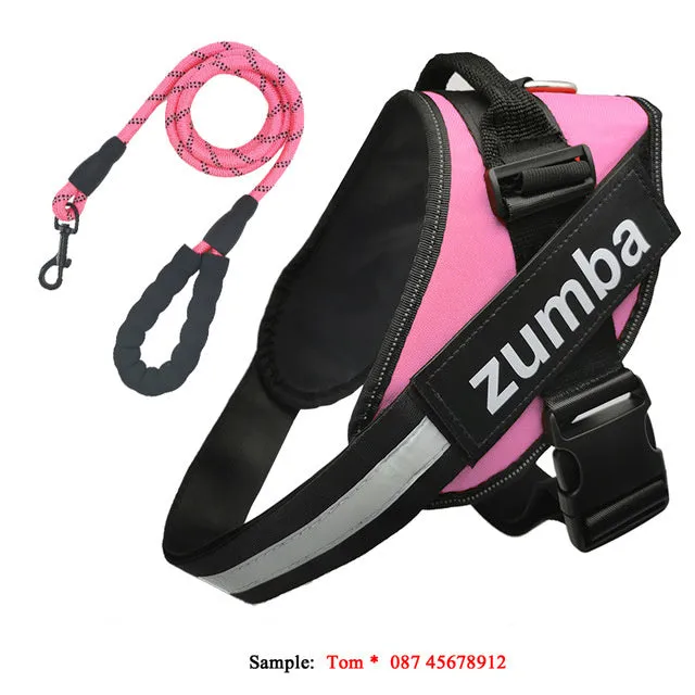 Reflective adjustable nylon dog harness and leash set in six sizes XS to XXL, seven colours available